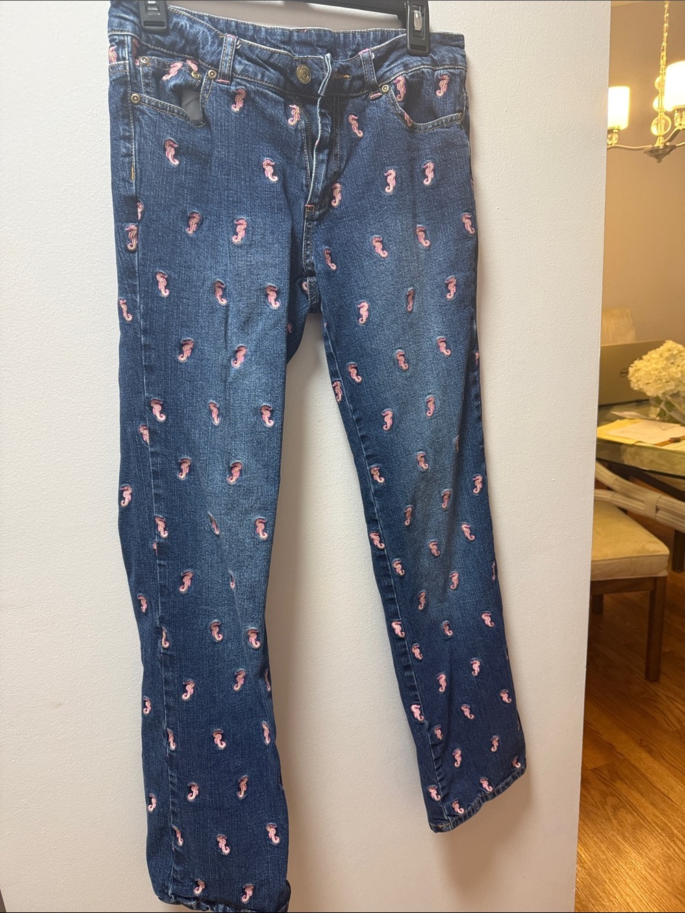 Lilly Pulitzer Dark Blue Skinny Jeans with Pink Seahorse Embroidery